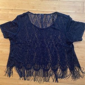 Navy Blue Sheer Lace Sparkle Glitter Flapper 20’s Fringe Shirt